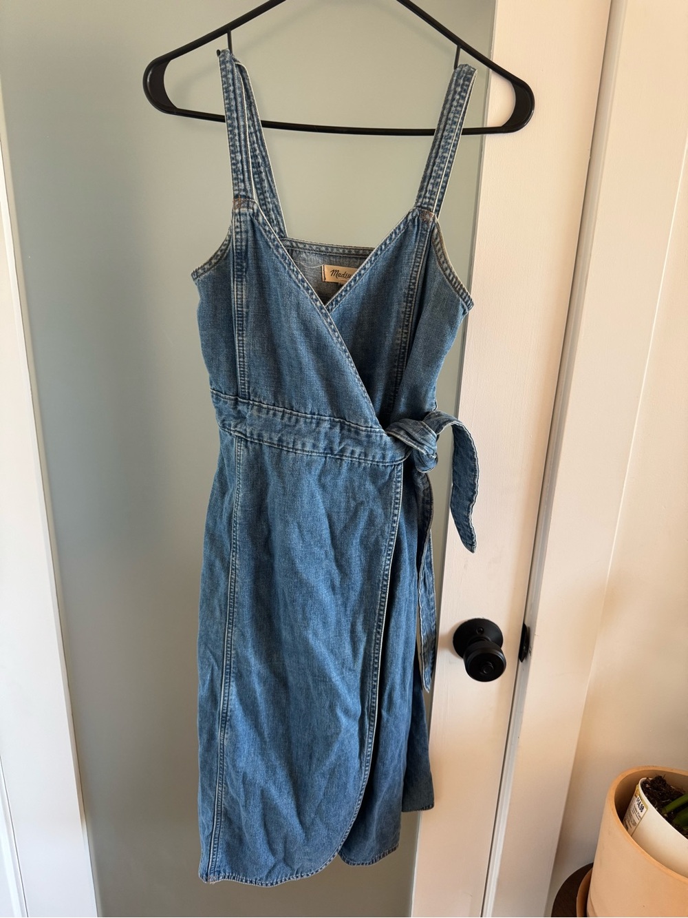 Madewell Denim Wrap Dress Size 00 Linen Blend Tie Waist Midi - Picture 2 of 6